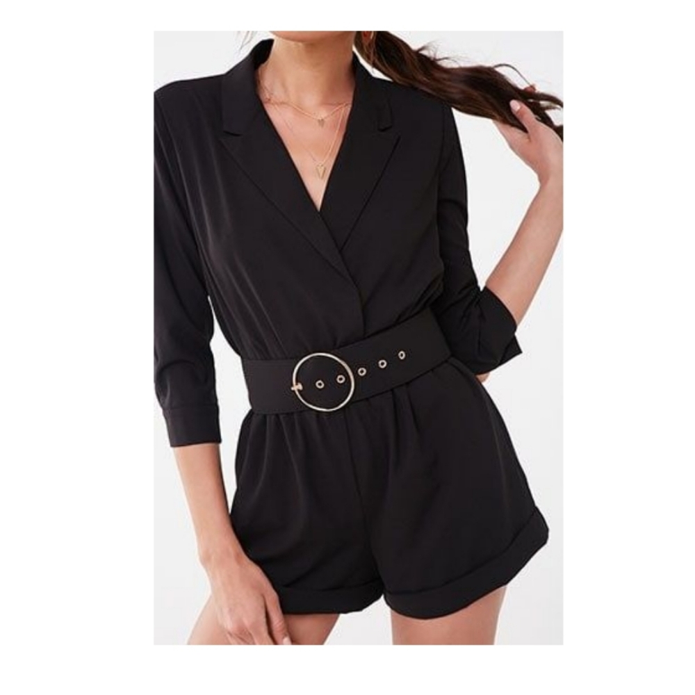 Black long sleeve belted romper